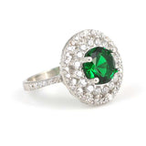 925 Sterling Silver Emerald Zircon Ring - Double Halo Design