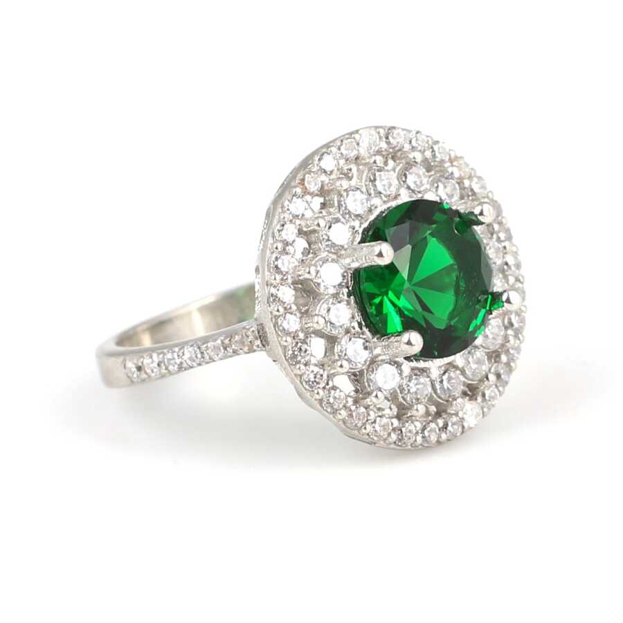 925 Sterling Silver Emerald Zircon Ring - Double Halo Design