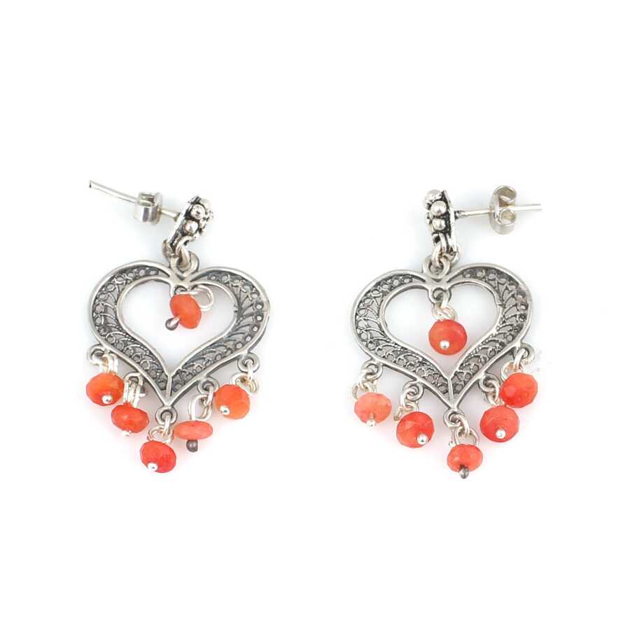 925 Sterling Silver Filigree Heart Coral Stone Earring