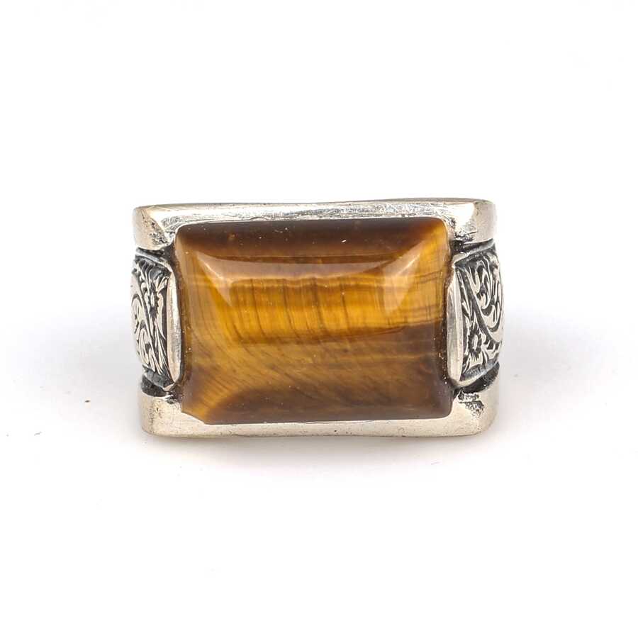 925 Sterling Silver Tiger's Eye Men's Ring - Rectangular Design