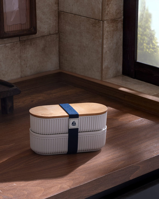 Set of 2 Reusable Lunch Boxes with Wood Lids - Navy Blue - 2x500ml