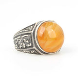 Sterling Silver Hexagonal Compressed Amber Men's Ring - Hand-Engraved