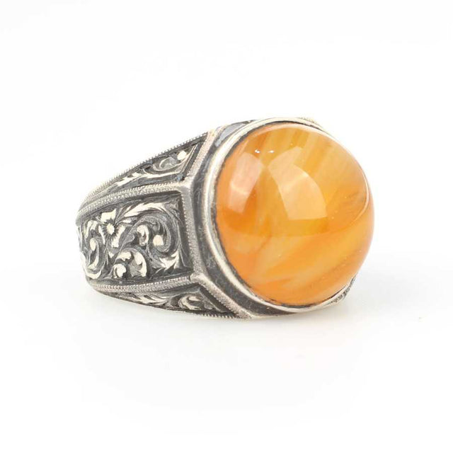Sterling Silver Hexagonal Compressed Amber Men's Ring - Hand-Engraved