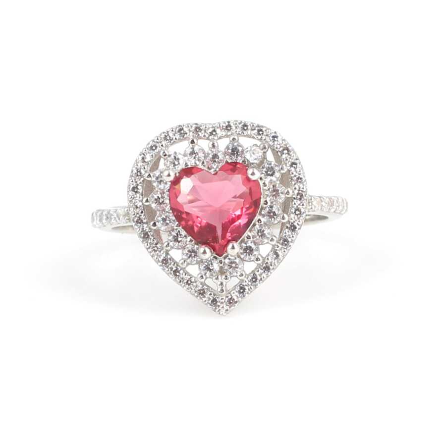 Sterling Silver Heart Ring with Ruby Zircon & White Zircon Halo