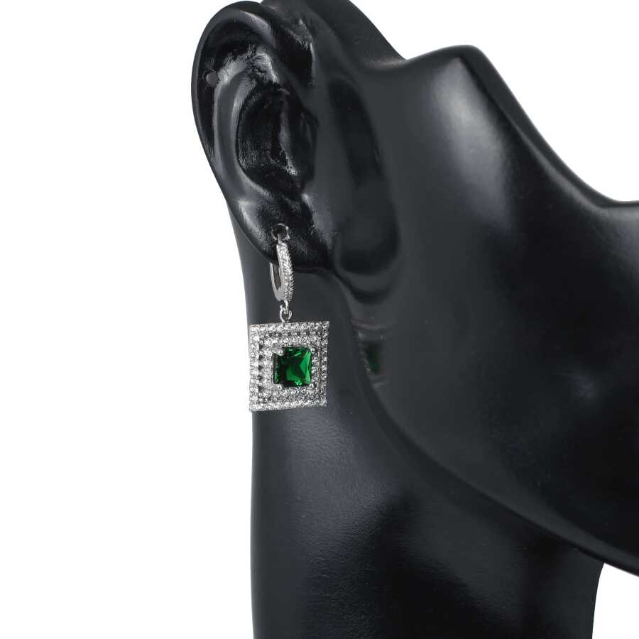 Sterling Silver Emerald Zircon Double Halo Square Earrings