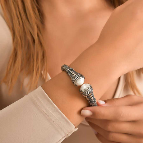 925 Sterling Silver Mabe Pearl Bracelet - Ancient Byzantine Style