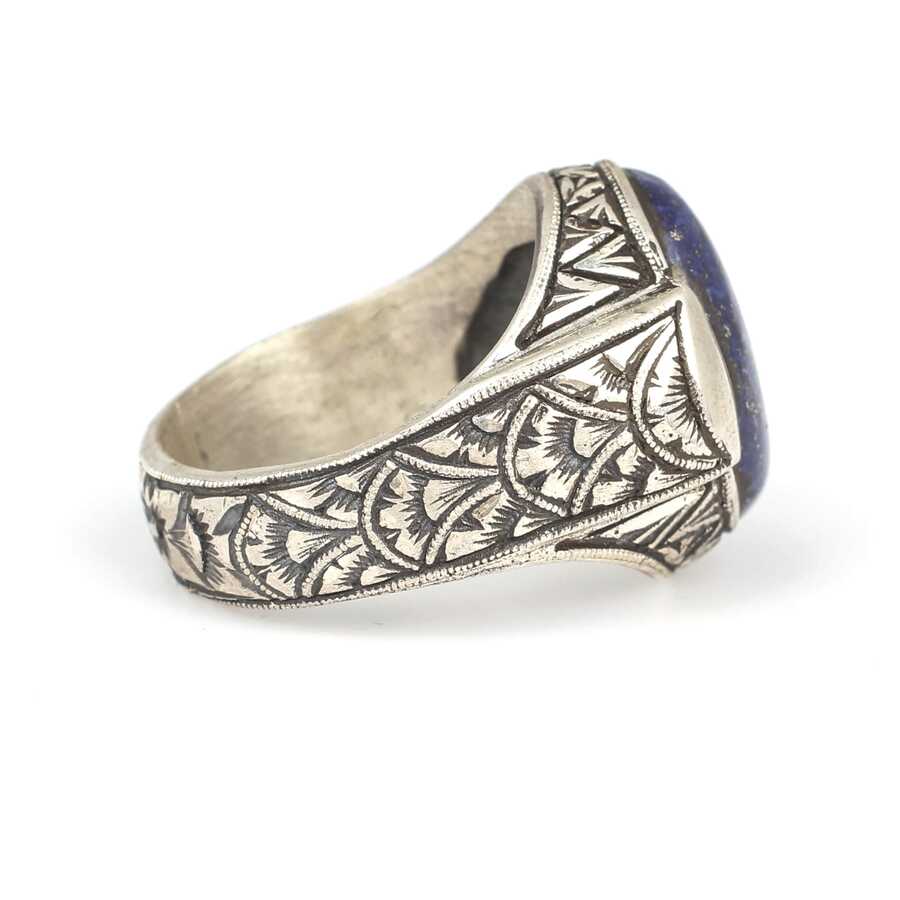 Sterling Silver Men's Ring - Oval Synthetic Lapis Hand-Engraved