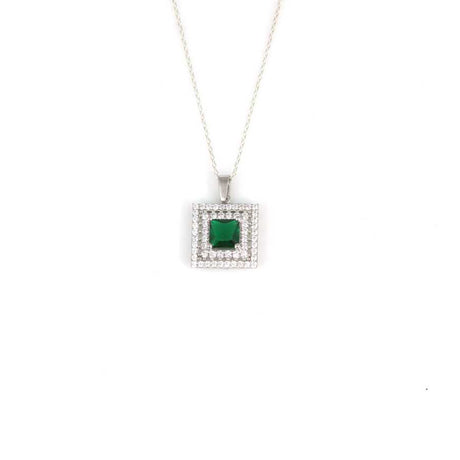 925 Sterling Silver Double Row Halo Square Emerald Zircon Necklace
