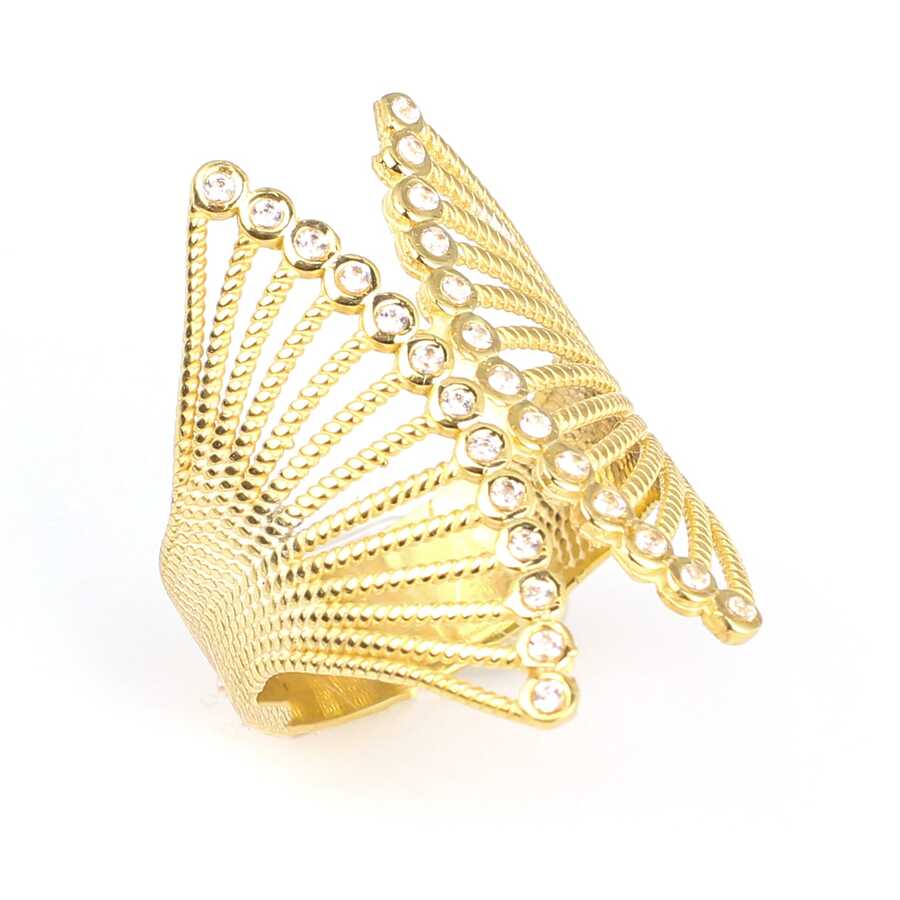 Sophisticated 925 Sterling Silver Fan-Shaped Ring with Zircon Stones