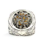 925 Sterling Silver Round Amber Men's Ring - Hand-Engraved Design