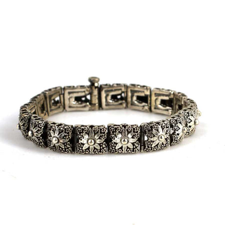 925 Sterling Silver Bracelet - Oxidized Square Daisy Link Design