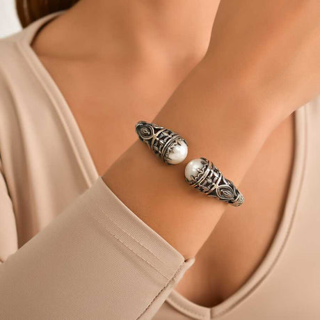 Sterling Silver Mabe Pearl Bracelet - Ancient Constantine Design