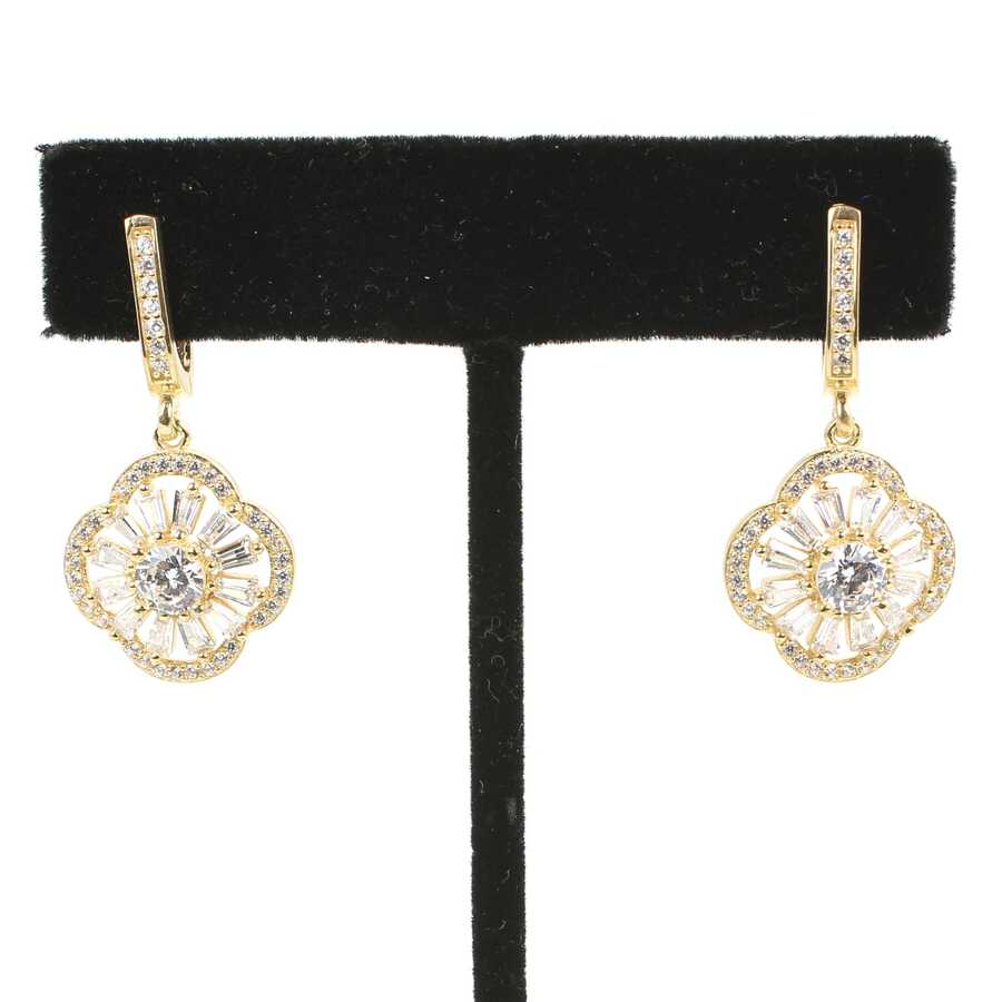 925 Sterling Silver Clover Dangle Earrings - Baguette Zircon