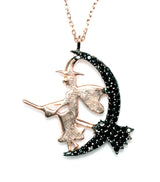 Rose-Tone Sterling Silver Witch on Moon Necklace with Black Zircon