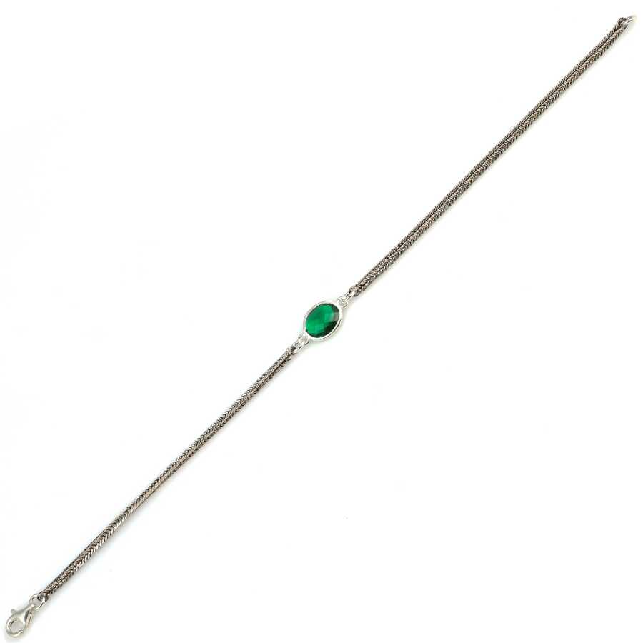 925 Sterling Silver Emerald Green Zircon Fox Tail Chain Bracelet