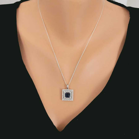 925 Sterling Silver Double Row Halo Square Sapphire Zircon Necklace