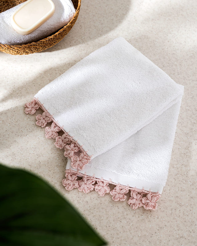 2-Pack 100% Cotton Hand Towel Set with Crochet Trim - White & Powder Pink