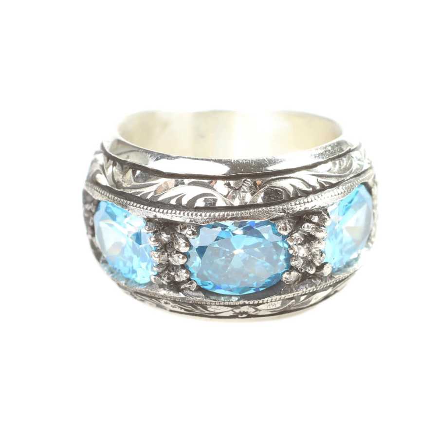 Sterling Silver Hand-Engraved Men's Ring with Three Aquamarine Stones