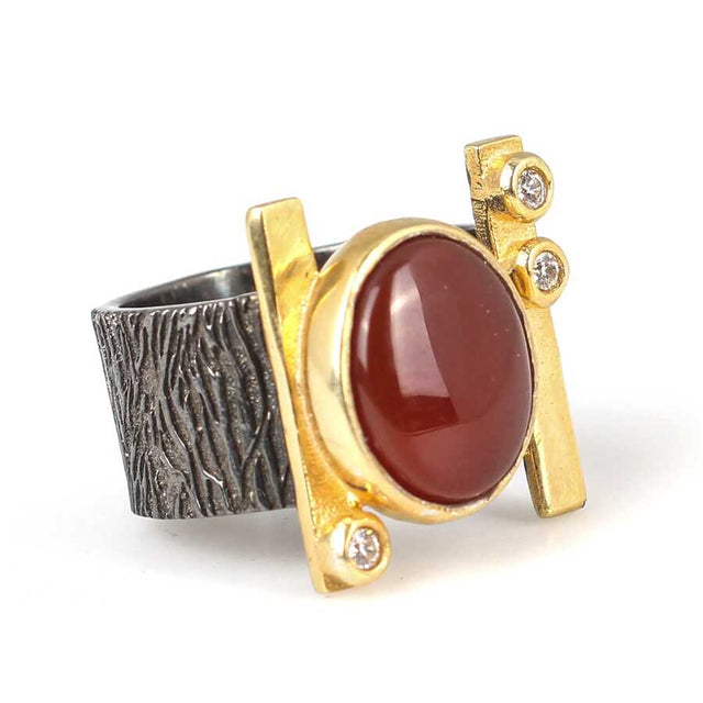 925 Sterling Silver Tree Bark Pattern Open Ring with Agate & Zircon