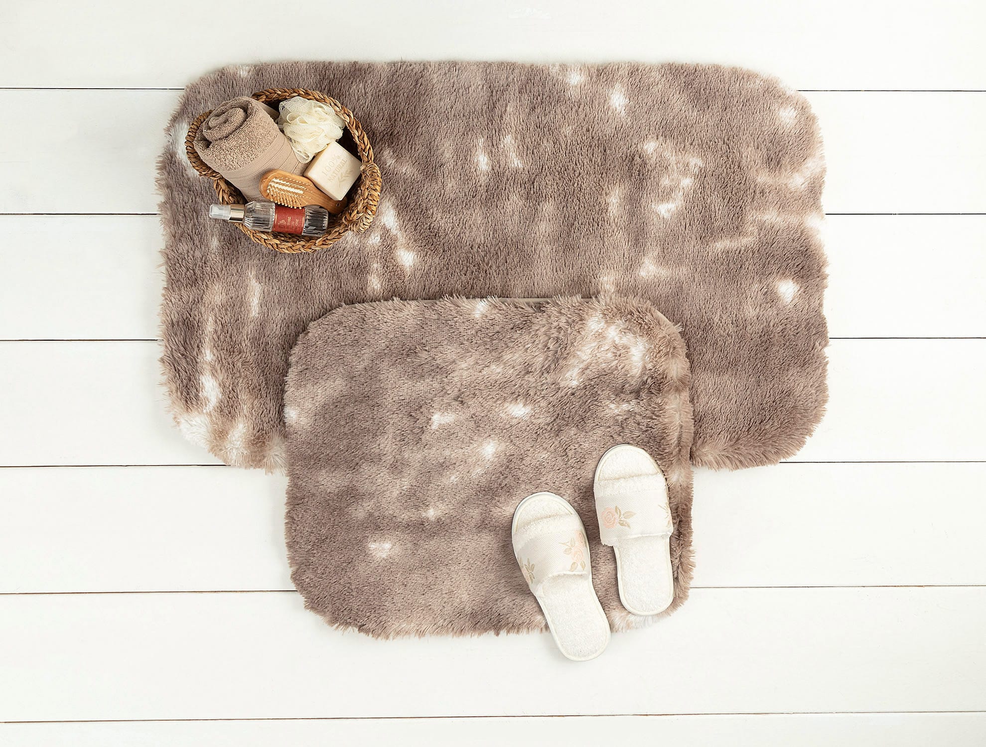 2-Piece Absorbent Bath Mat Set - White & Coffee Bathroom Rugs