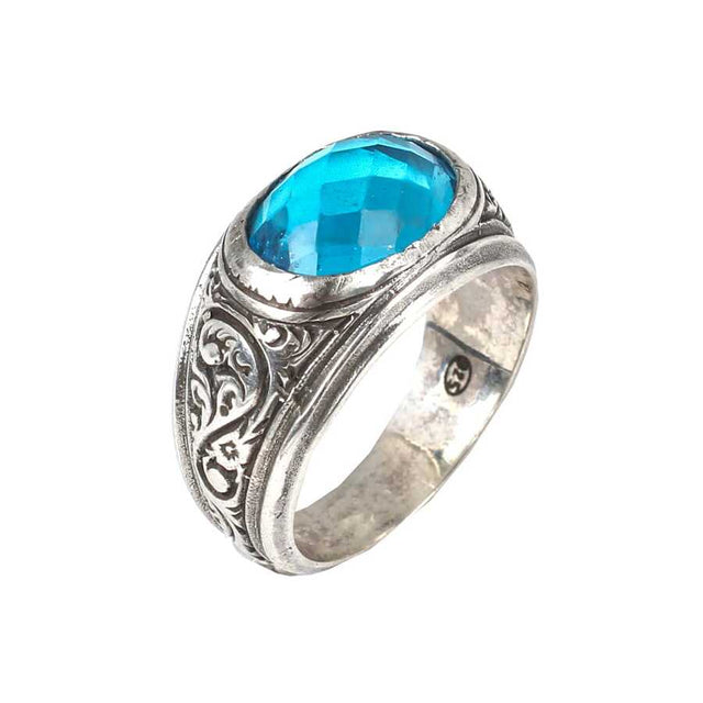 925 Sterling Silver Oval Faceted Aquamarine Statement Men's Ring