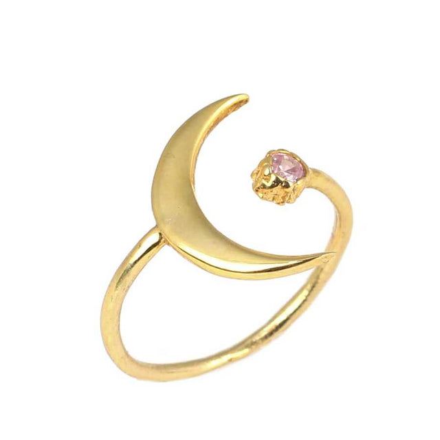 Yellow Plated Sterling Silver Pink Zircon Crescent & Star Ring