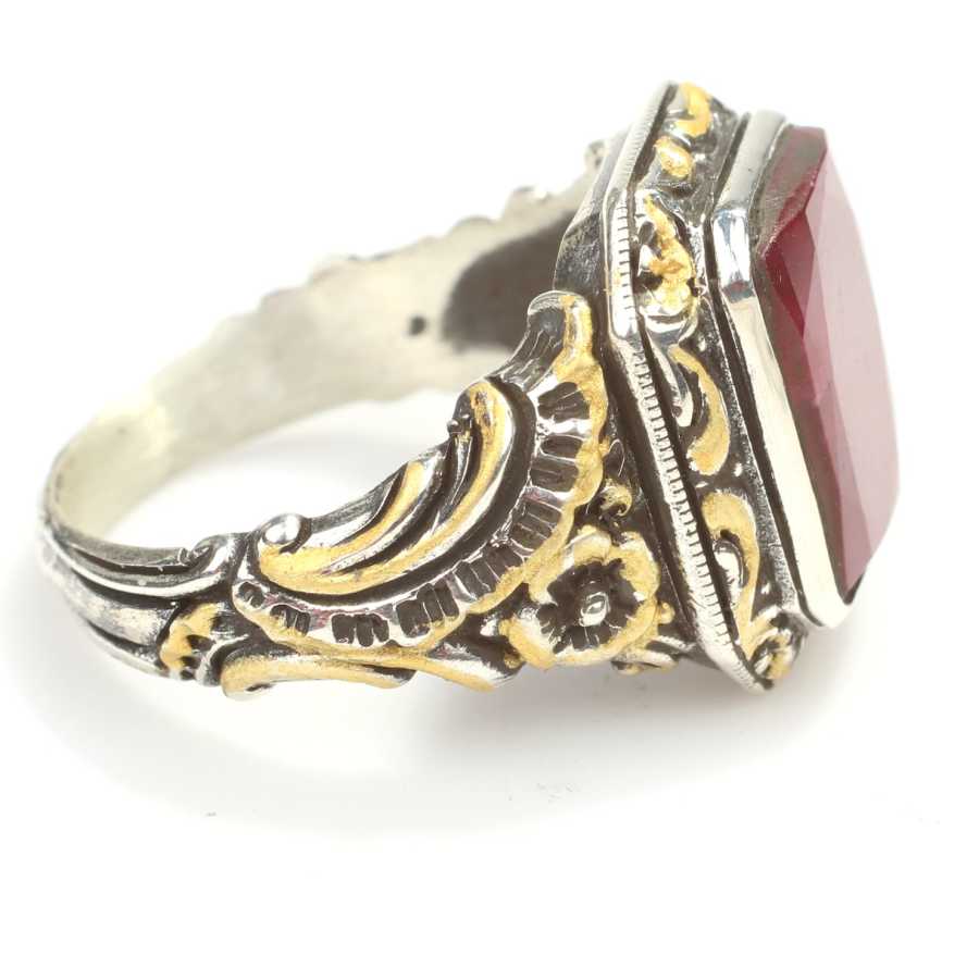 925 Sterling Zilveren Herenring met Robijn - Handgegraveerd Kolomontwerp