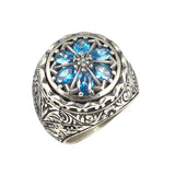 925 Sterling Silver Hand-Engraved Men's Ring with Teardrop Aquamarine Zircon