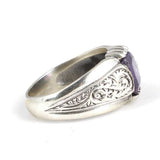 Sterling Silver Emerald Cut Amethyst Patterned Mens Ring
