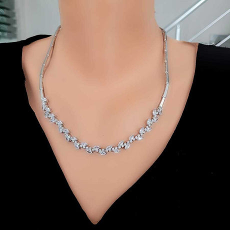 Sterling Silver White Zircon Leaf Tennis Necklace