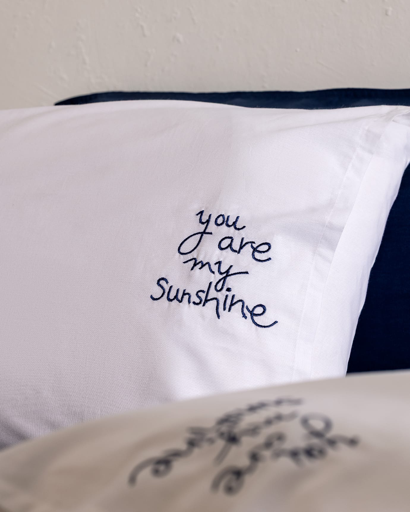 100% Cotton Embroidered Pillowcase Set - 2 Pack - White & Navy Blue