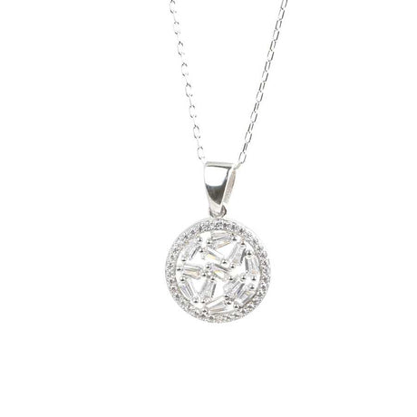 925 Sterling Silver Round Baguette Zircon Pendant Necklace
