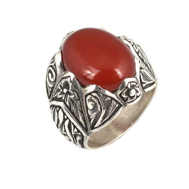 Premium 925 Sterling Silver Hand Engraved Red Agate Men's Ring