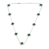 Sterling Silver Malachite Clover Necklace with Shimmering Zircon Accents