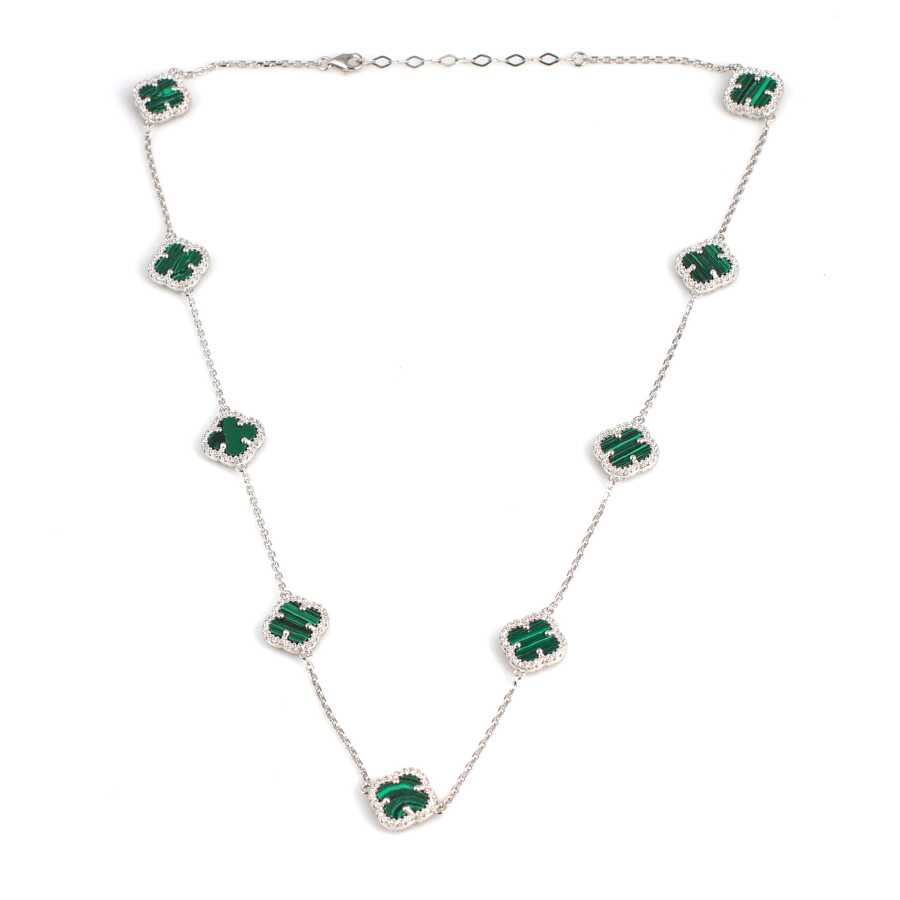 Sterling Silver Malachite Clover Necklace with Shimmering Zircon Accents