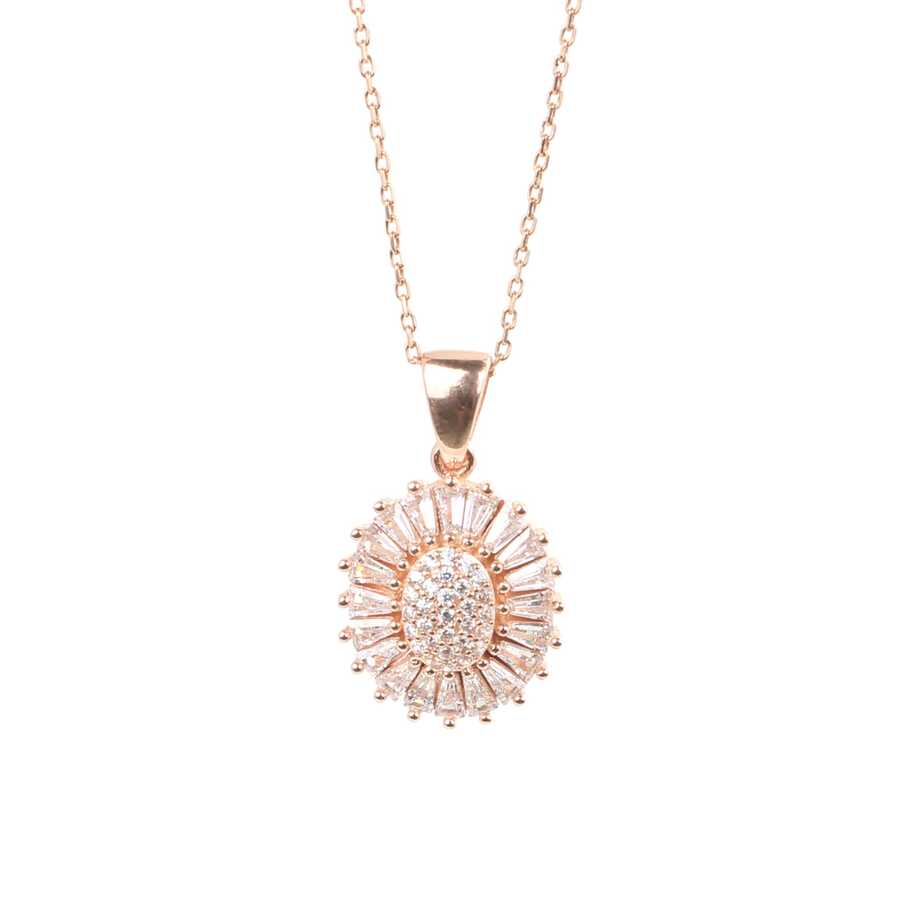 Premium 925 Sterling Silver Sunflower Baguette Stone Necklace
