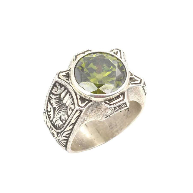 925 Sterling Silver Peridot Men's Ring - Hand-Engraved Design