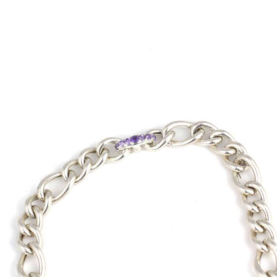 925 Sterling Silver Hollow Figaro Chain Necklace with Amethyst Zircon Clasp