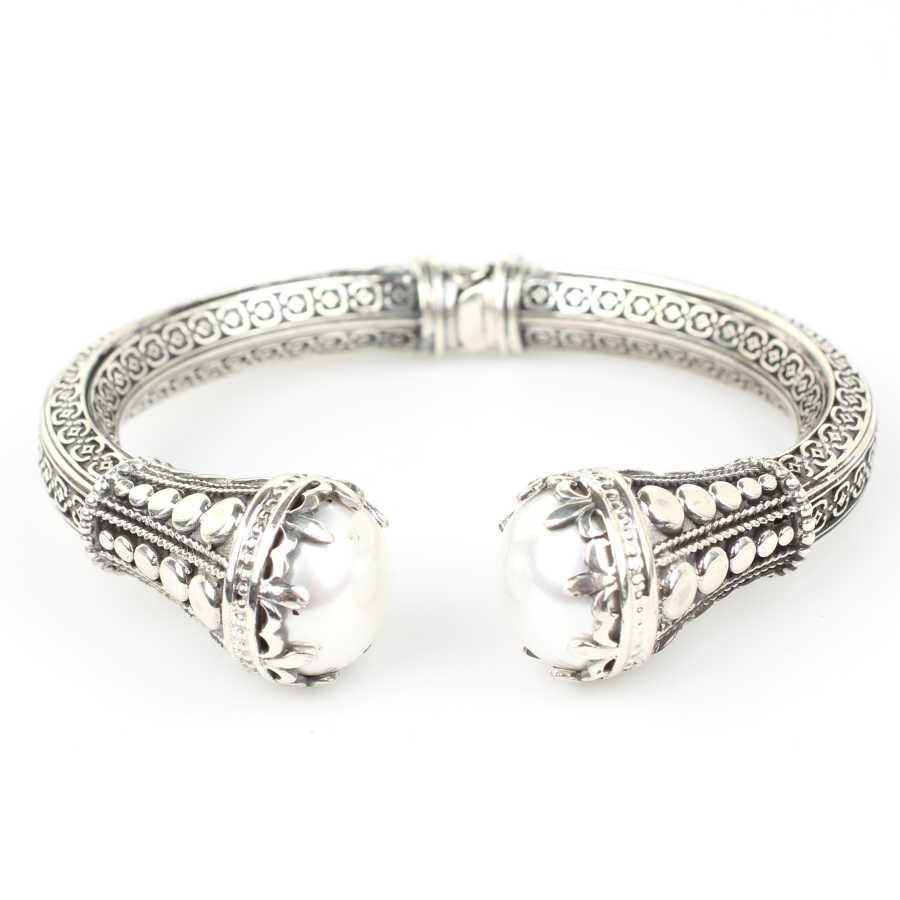 925 Sterling Silver Mabe Pearl Bracelet - Ancient Byzantine Style