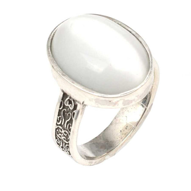 925 Sterling Silver Oval Moonstone Ring - Handcrafted Engraved Band