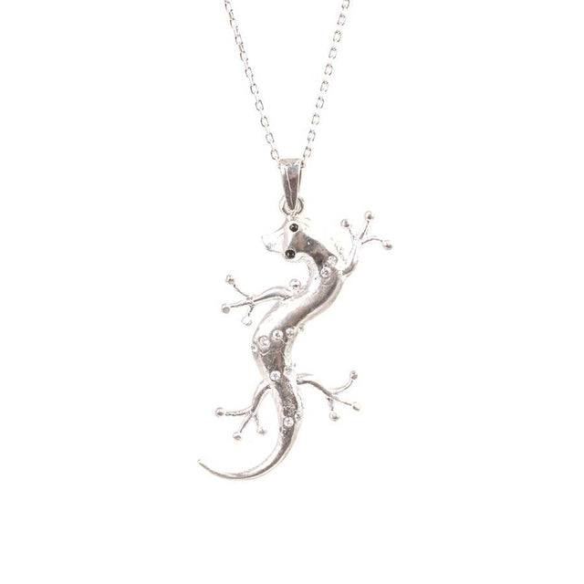 Sterling Silver Zircon Pendant Necklace - Elegant Lizard Design
