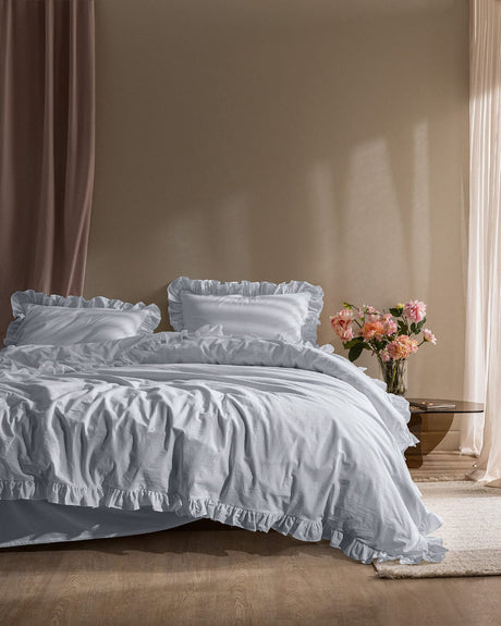 100% Cotton King Size Duvet Cover Set - Ruffled Plain Washed Design