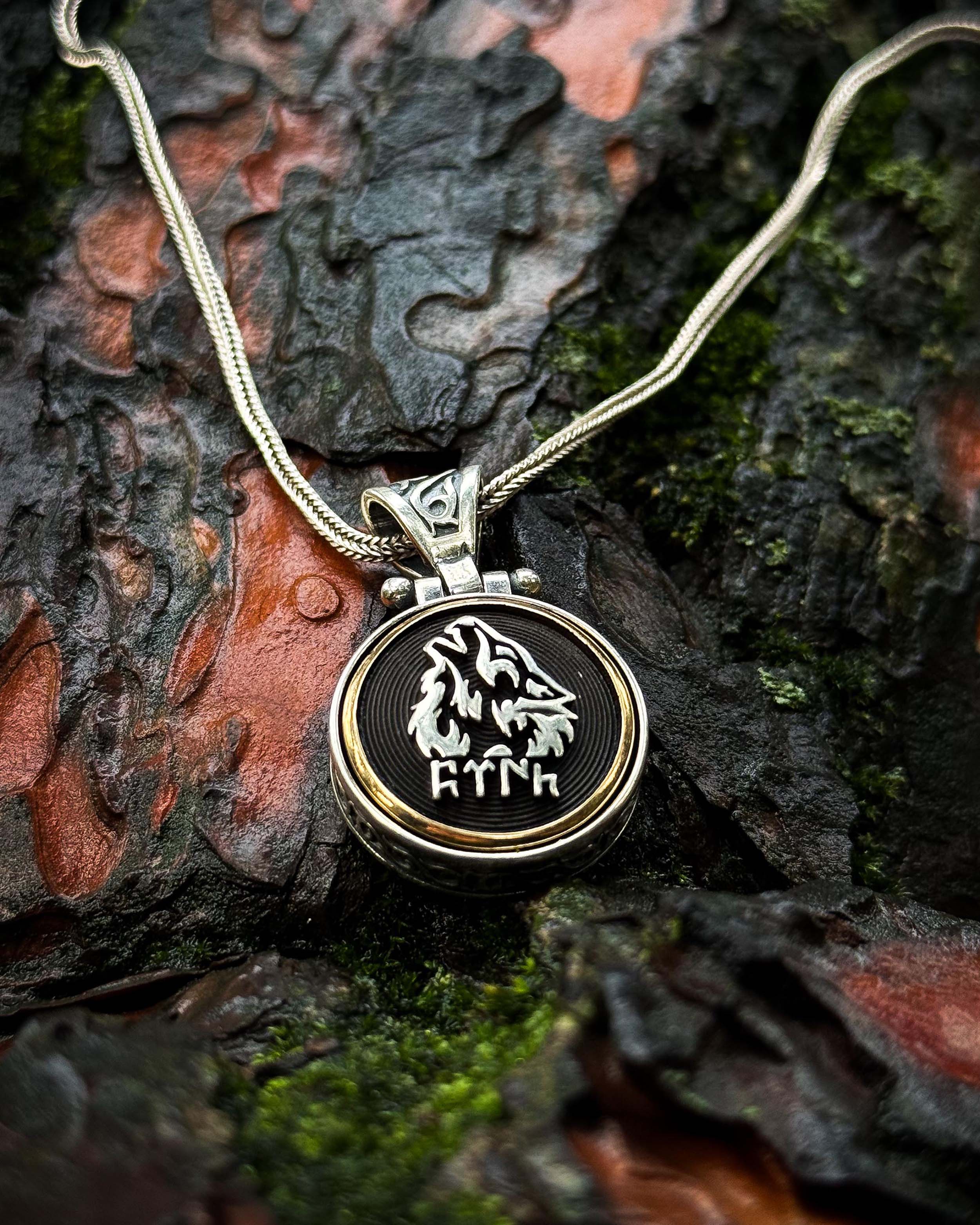 Sterling Silver Rotating Grey Wolf Pendant Necklace - Ancient Turkic Script