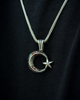 Sterling Silver Minimal Crescent & Star Necklace with Red Stone