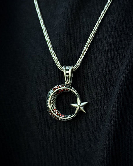 Sterling Silver Minimal Crescent & Star Necklace with Red Stone