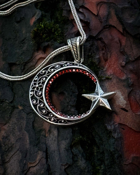 925 Sterling Silver Crescent & Star Necklace - Distinctive Red Stone