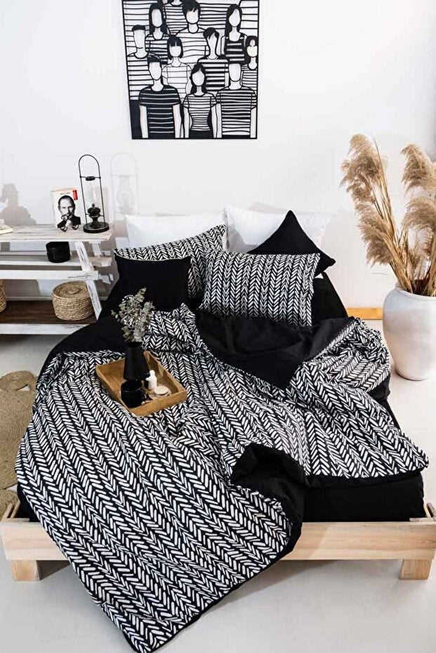 Double Cotton Duvet Cover Set - Reversible Herringbone Pattern