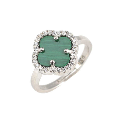 925 Sterling Silver Clover Ring with Malachite & Sparkling Zirconia