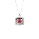 Sterling Silver Double Row Halo Square Ruby Zircon Pendant Necklace