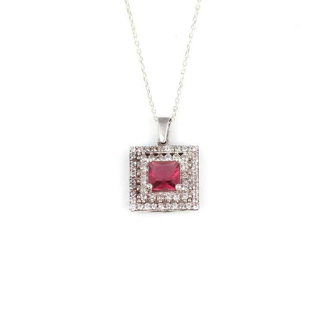 Sterling Silver Double Row Halo Square Ruby Zircon Pendant Necklace
